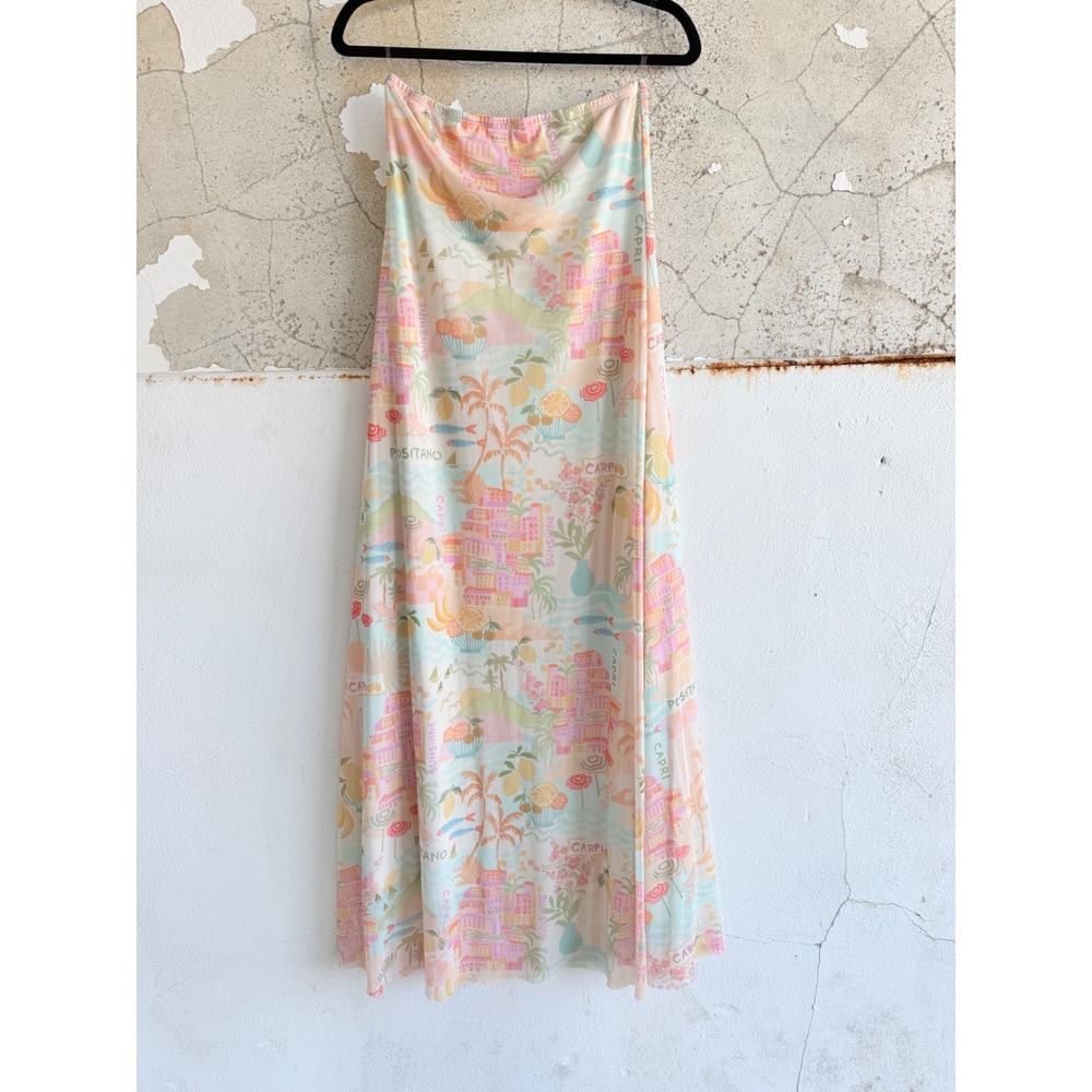 See You Monday Mesh Maxi Dress Strapless Italy Capri Scenic Travel Print Women L
